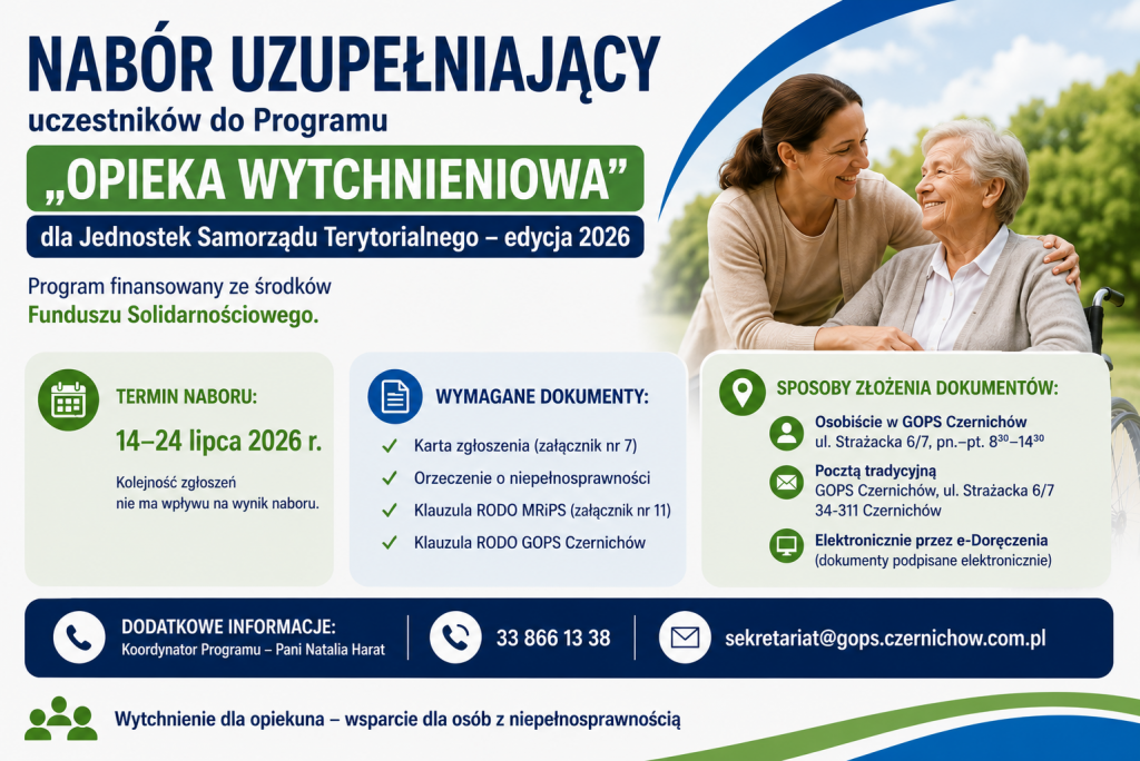 Ogłoszenie o naborze uzupełniającym do Programu „Opieka wytchnieniowa” – edycja 2026